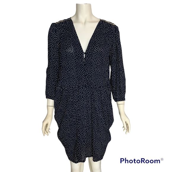 Sandro 2 Long Sleeve V Neck Mini Dress Pockets Polka Dot Medium Roll Sleeve - Picture 4 of 16